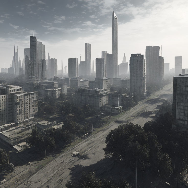Desolate urban landscape with dilapidated buildings and skyscrapers under hazy sky