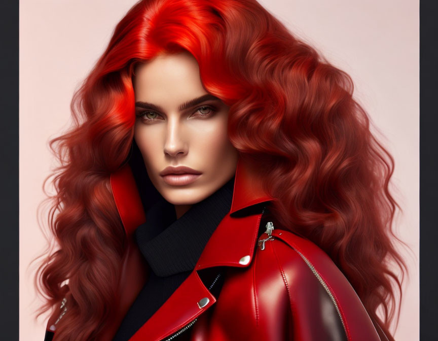 Vivid red-haired woman in bold leather jacket portrait