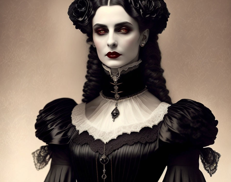 Digital Artwork: Woman in Gothic Victorian Style with Pale Skin and Black Hair