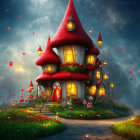 Red-capped fantasy mushroom house in night garden with glowing windows