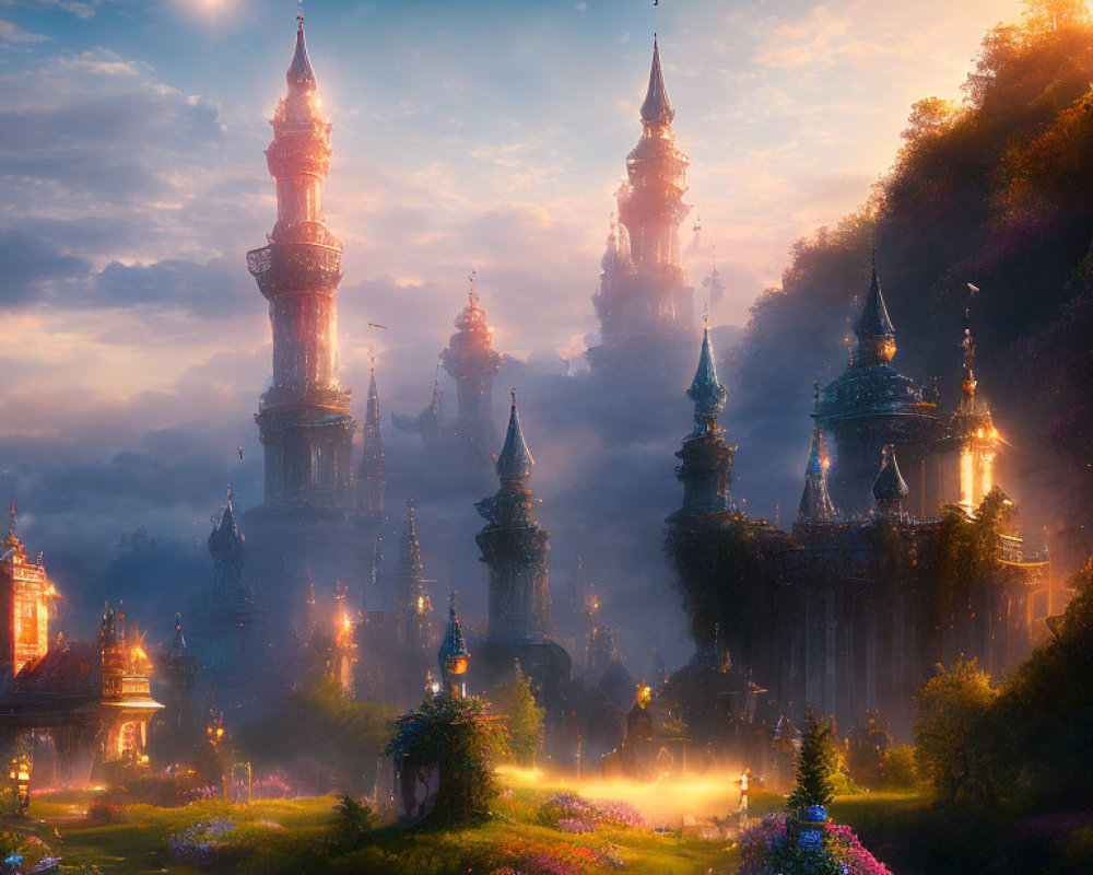 Misty landscape with illuminated towering spires and twilight sky