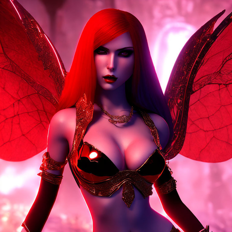 Red-Haired Female Fantasy Character with Wings in Black and Gold Attire on Pink Background