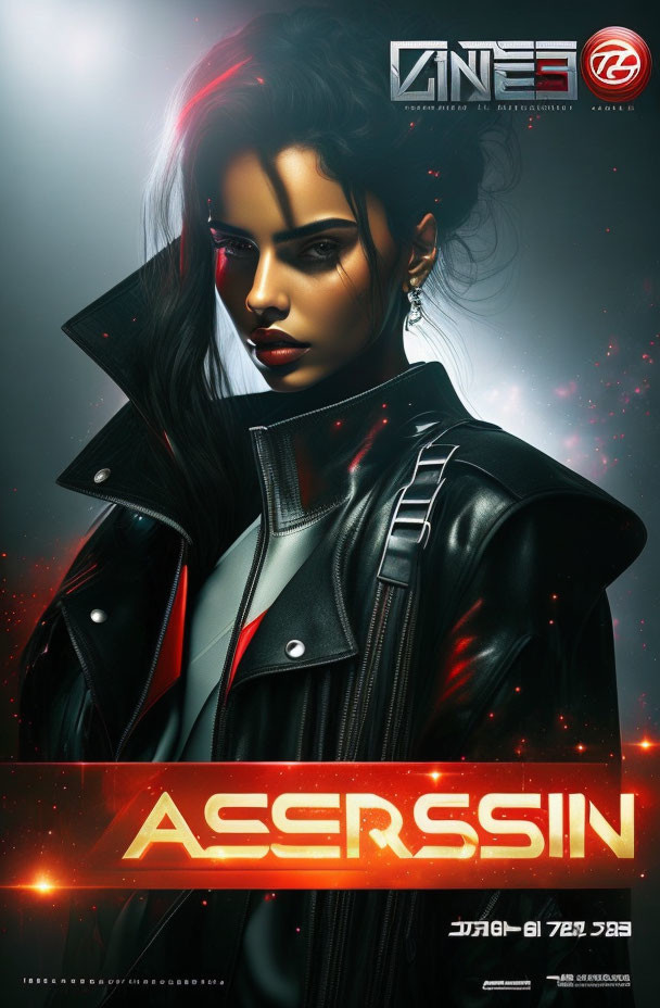 Stylized poster featuring woman with dark hair and red eyes in futuristic jacket.