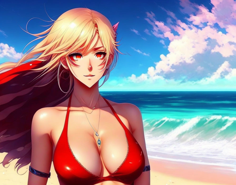 Blonde anime character in red bikini on beach with blue sky
