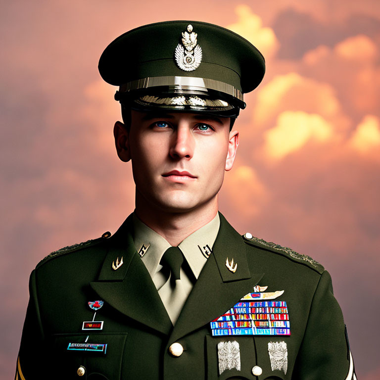 Military man in uniform with medals and cap against cloudy sky.