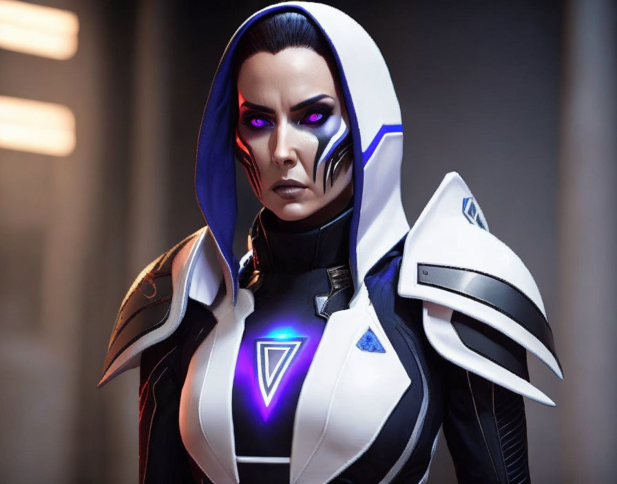 Futuristic white and black armor with blue and purple accents and violet eyes