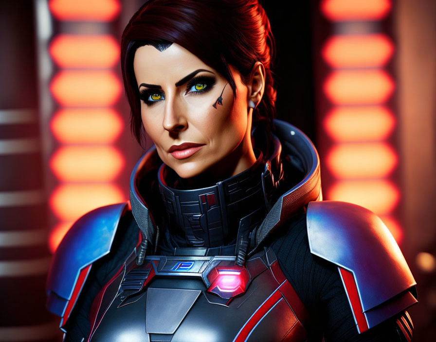 Digital artwork: Female character with brown hair, blue eyes, scar, futuristic armor, glowing chest piece