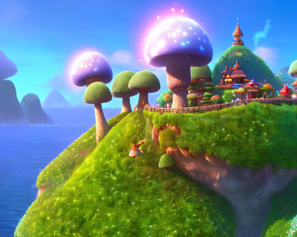Fantasy Landscape with Oversized Mushrooms and Whimsical Architecture