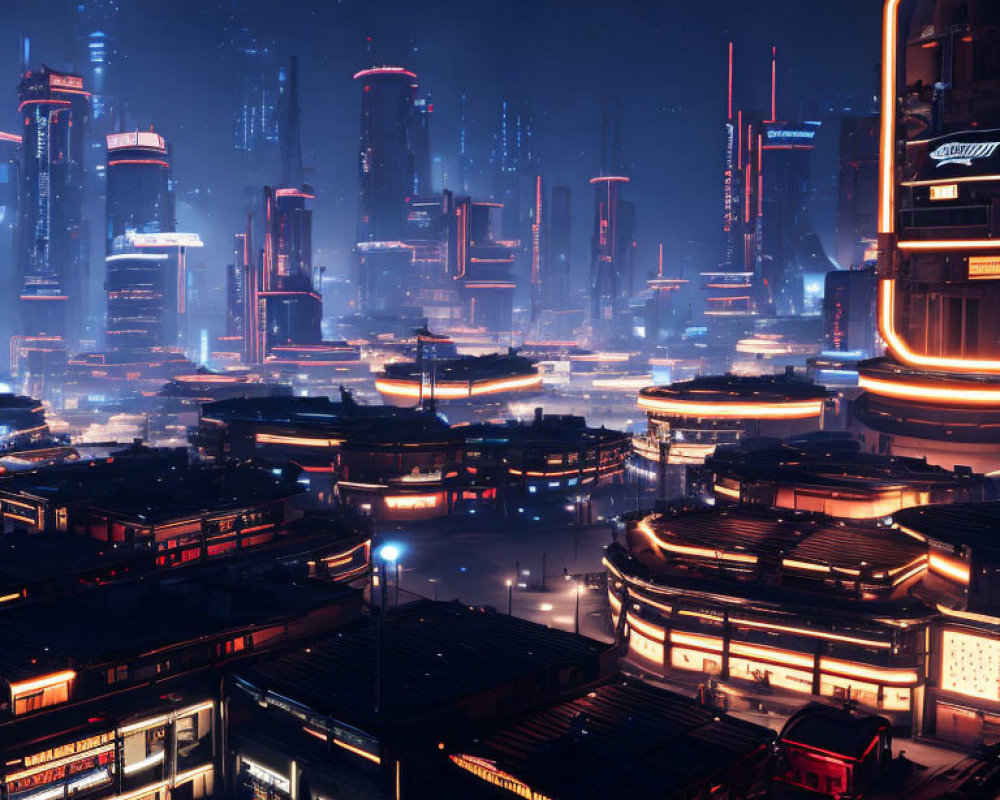 Nighttime Futuristic Cityscape with Illuminated Skyscrapers and Neon Lights