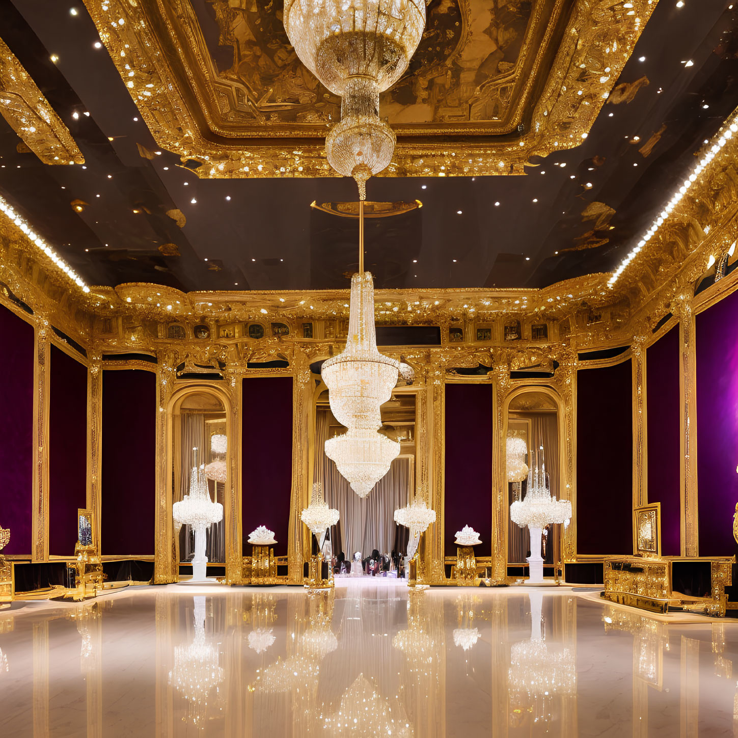 Luxurious Hall with Golden Trim, Grand Chandeliers, Purple Drapes, Glossy Floor