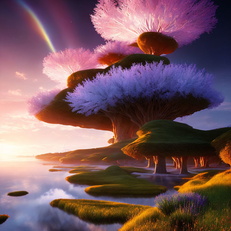 Vibrant pink-topped trees on island-like formations at sunset with rainbow in sky