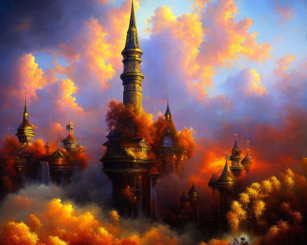 Mystical castle with spires in autumn landscape with horseback figures
