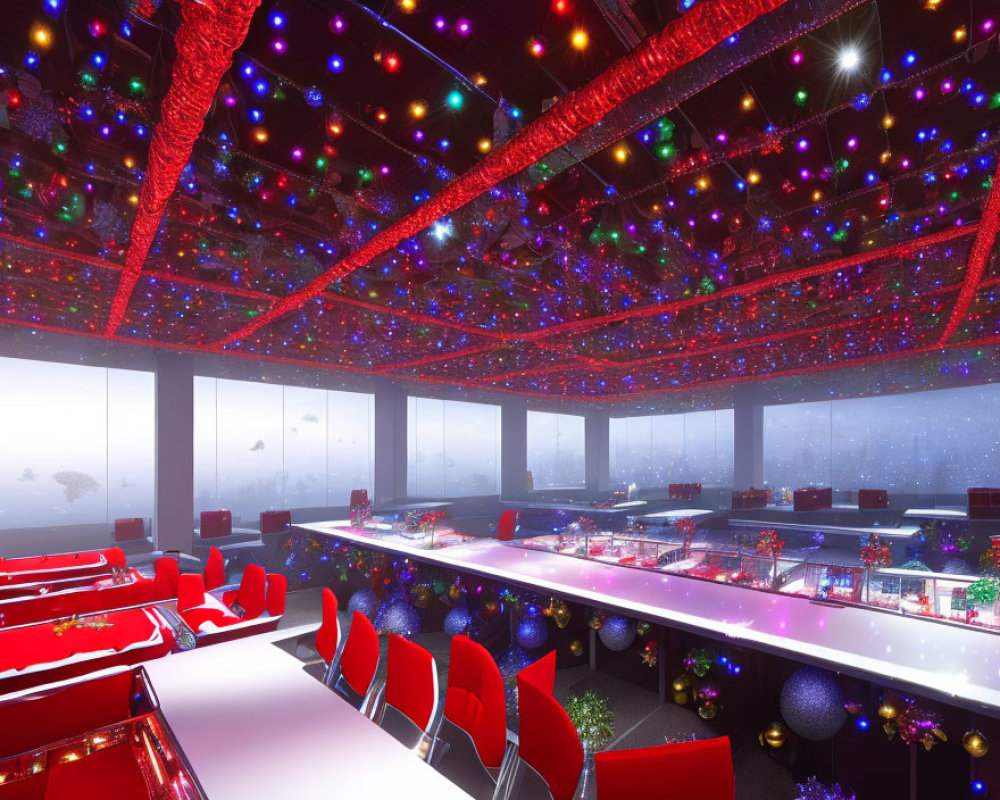 Modern Restaurant Interior with Starry Ceiling & Red Seating
