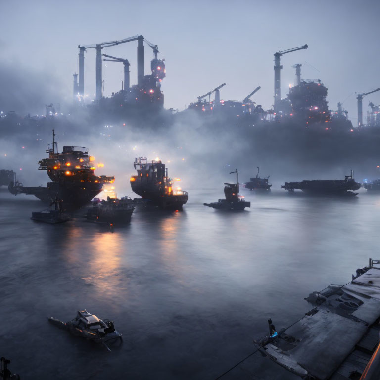 Industrial harbor at dusk: cranes, ships, and boats under hazy sky