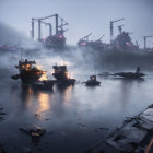 Industrial harbor at dusk: cranes, ships, and boats under hazy sky
