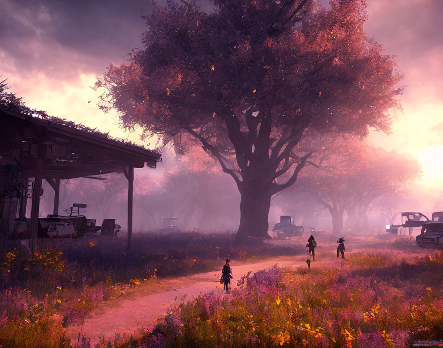 Children walking near large tree in purple mist with old gas station and abandoned cars