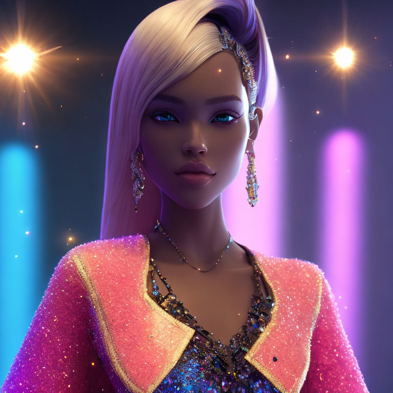 Platinum Blonde 3D Animated Character in Pink Sparkling Jacket