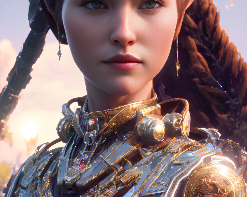 Female character in blue and gold armor with braided hair and focused expression on soft-lit background.