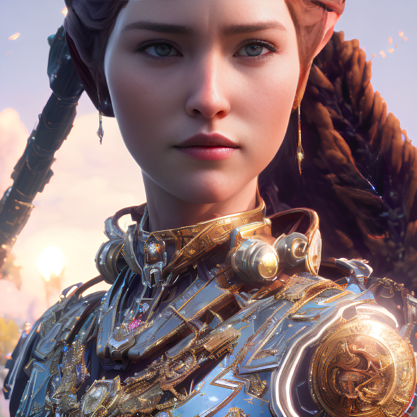 Female character in blue and gold armor with braided hair and focused expression on soft-lit background.
