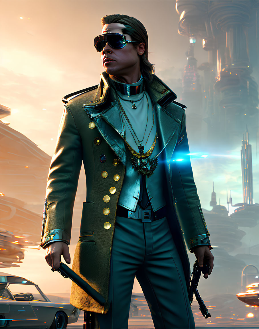 Futuristic man in stylish attire with sunglasses in neon-lit cityscape