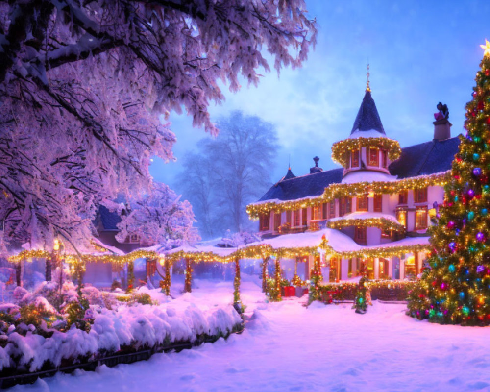 Snow-covered landscape with festive Christmas decorations