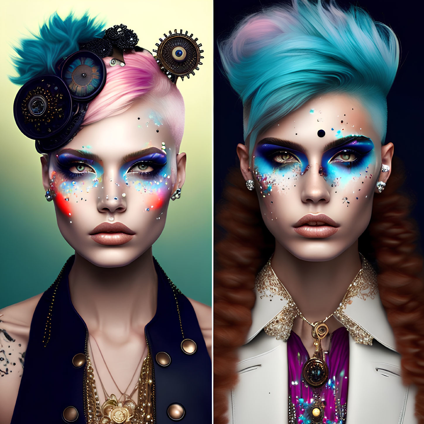 Woman with avant-garde makeup and celestial designs alongside steampunk elements.