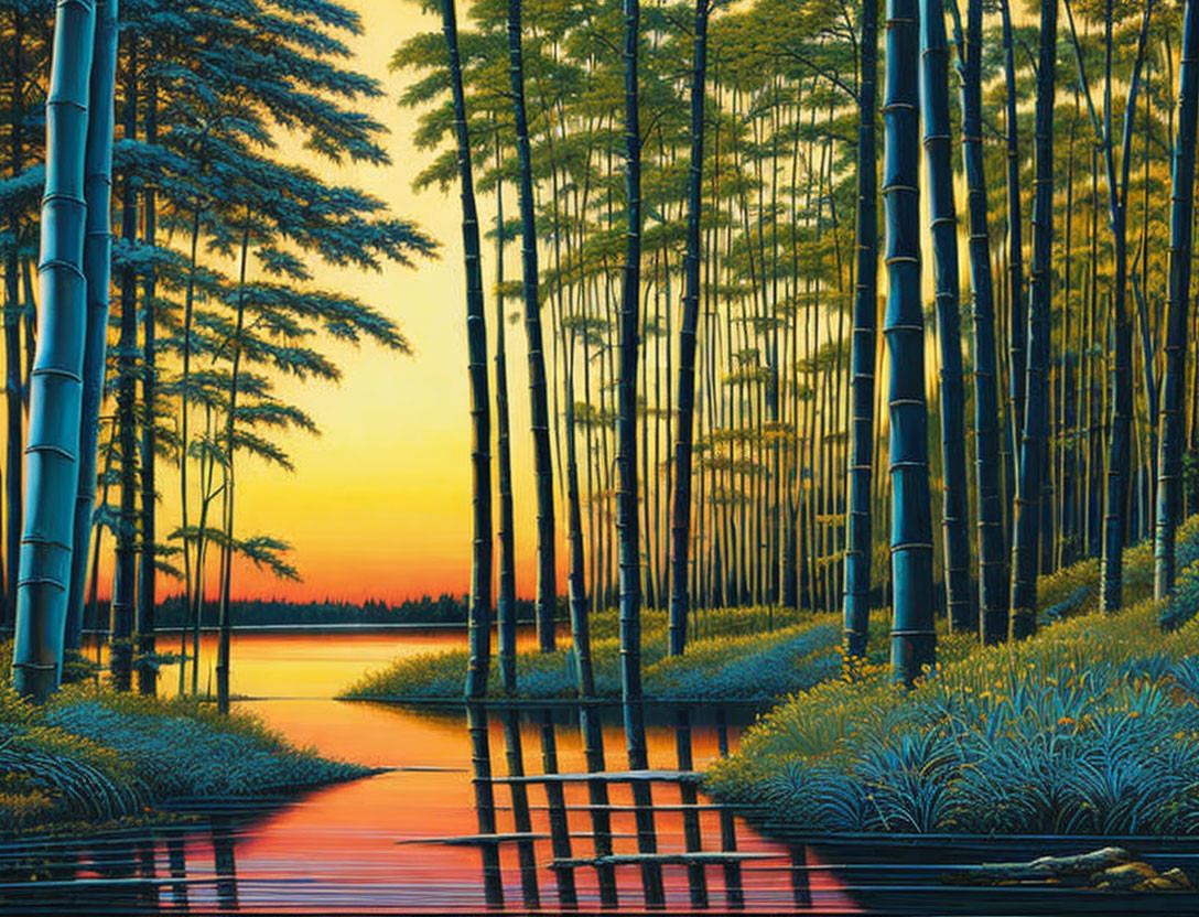 Serene bamboo forest and lake sunset scene.