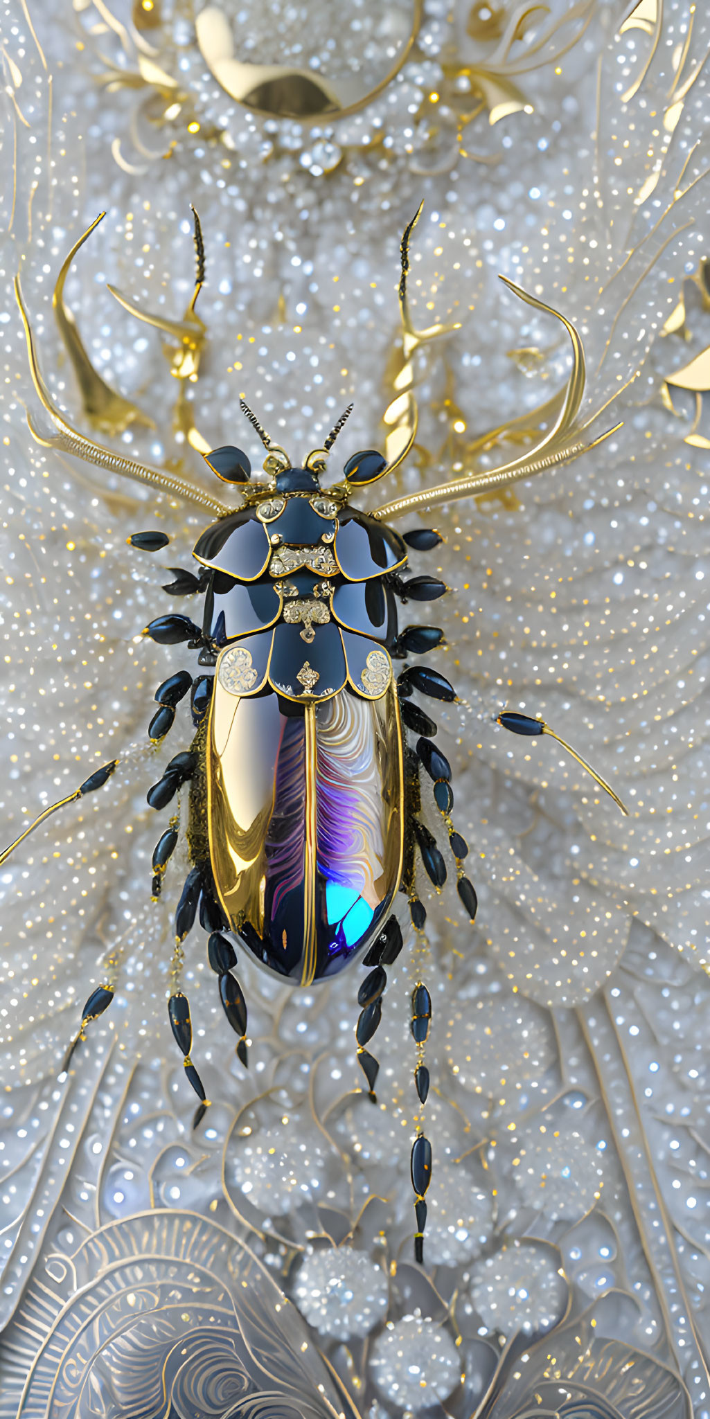 Luxurious gold and iridescent beetle on ornate golden background