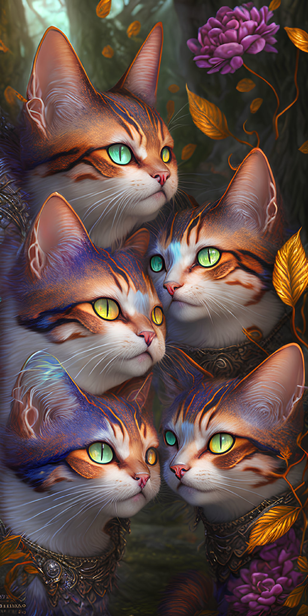 Intricately Detailed Fantastical Cats with Vibrant Eyes and Patterned Fur