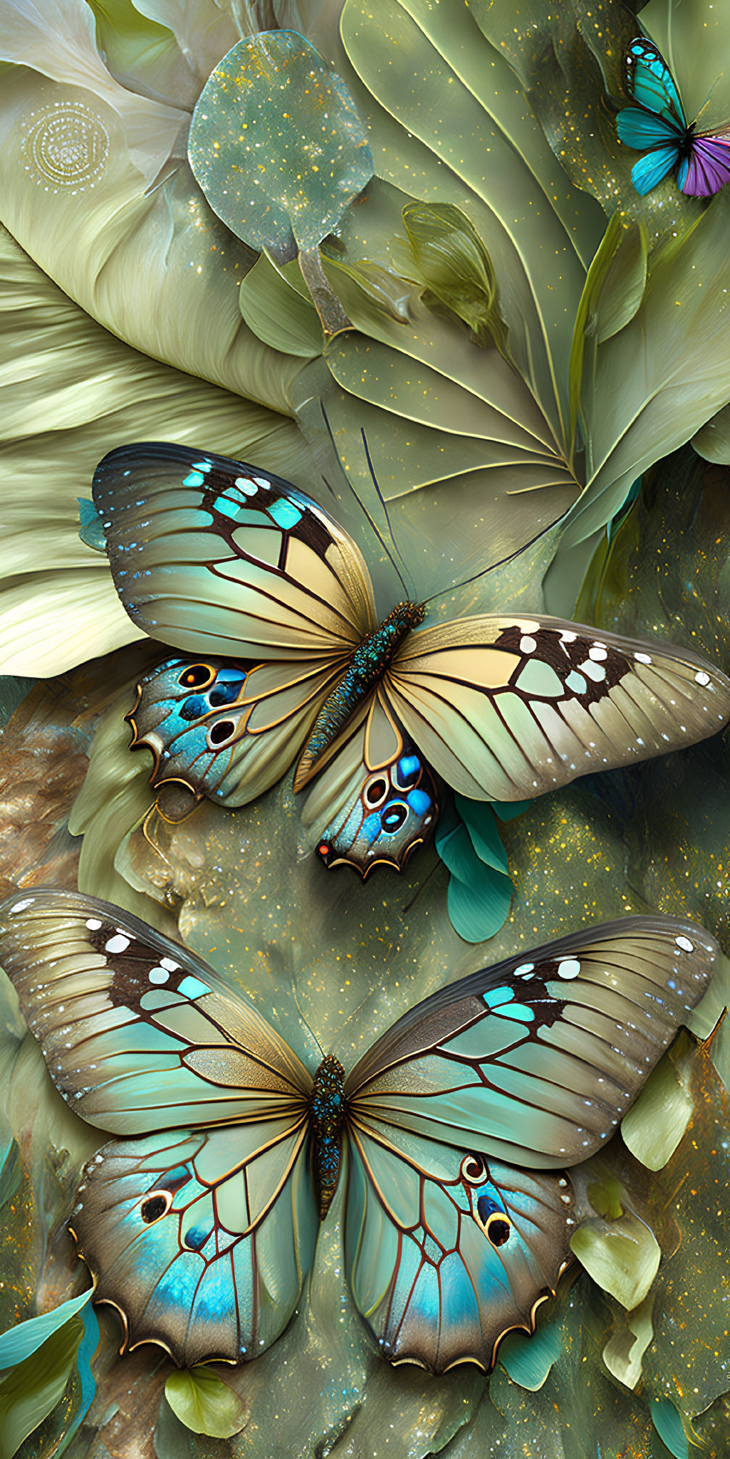 Detailed digital art: Blue and brown butterflies among lush greenery and floral motifs.