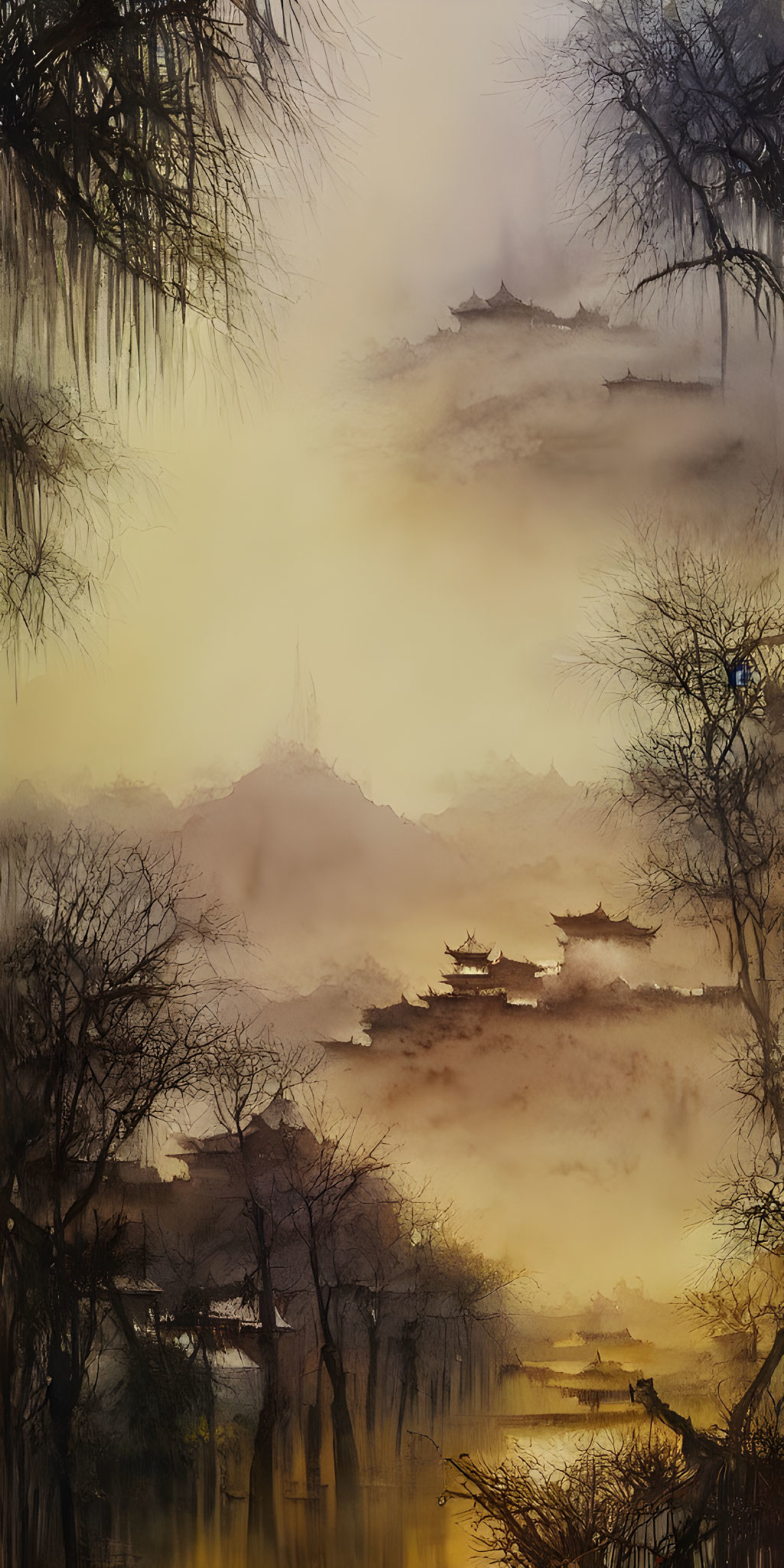 Misty Landscape with Silhouetted Trees and Pagodas in Golden Sky