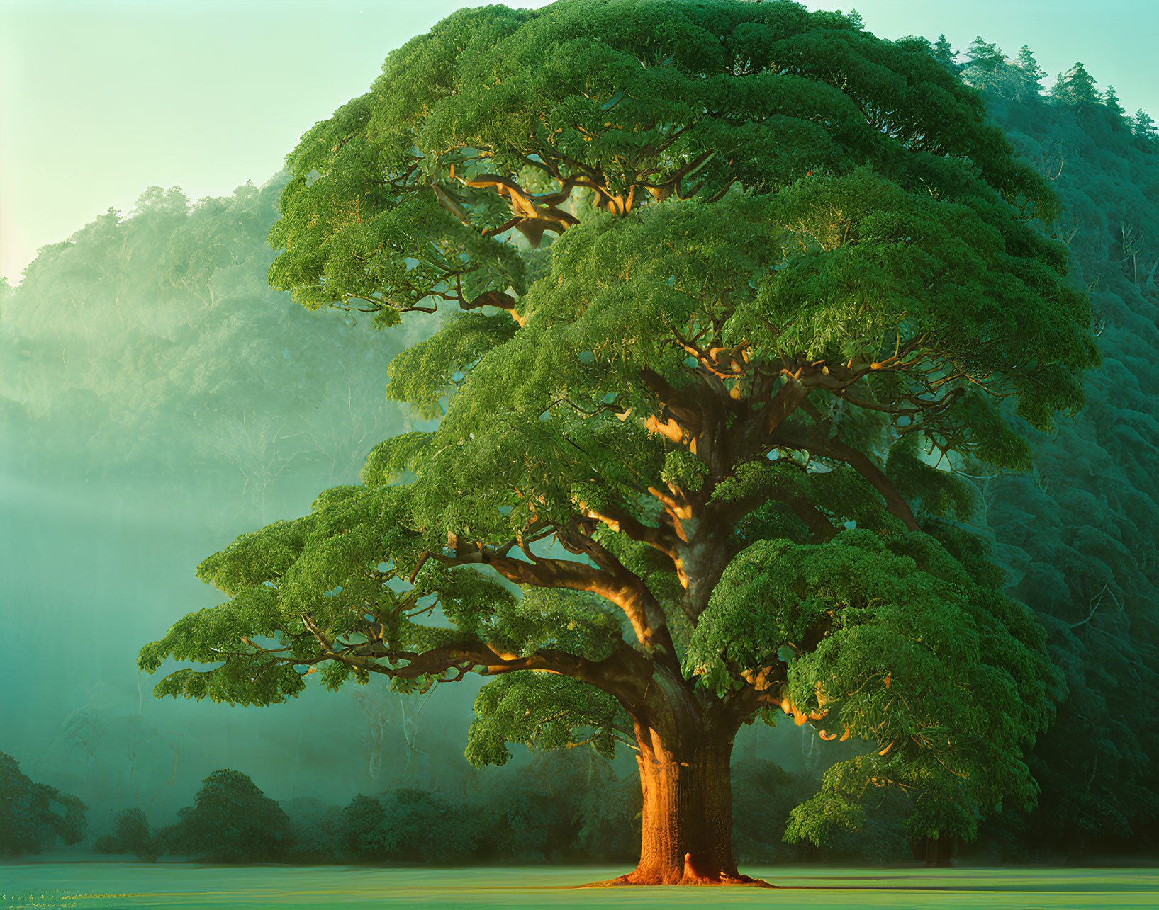 Majestic solitary tree with broad canopy in misty forest under warm sunlight