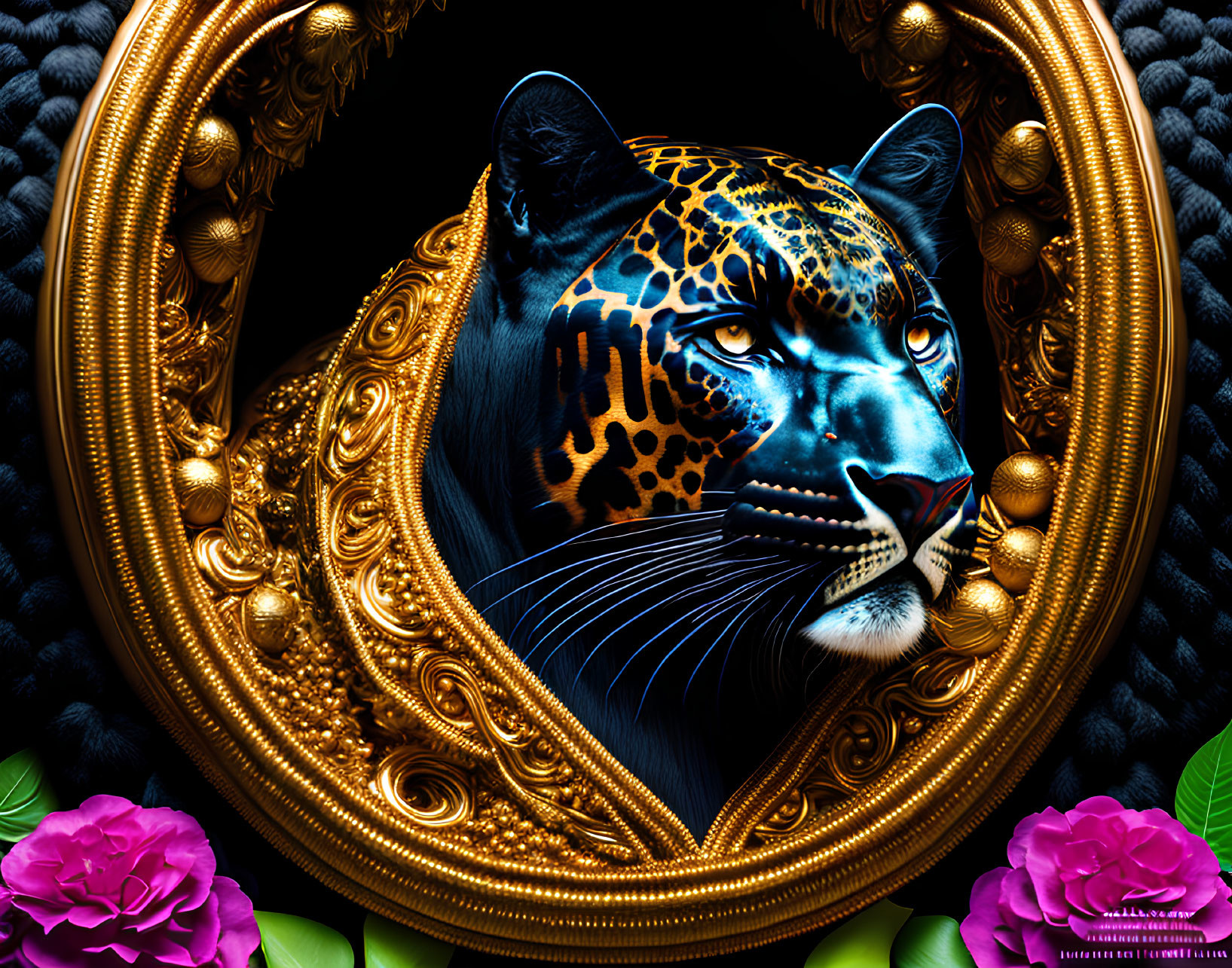 Detailed Jaguar Head Illustration in Golden Frame with Pink Flowers