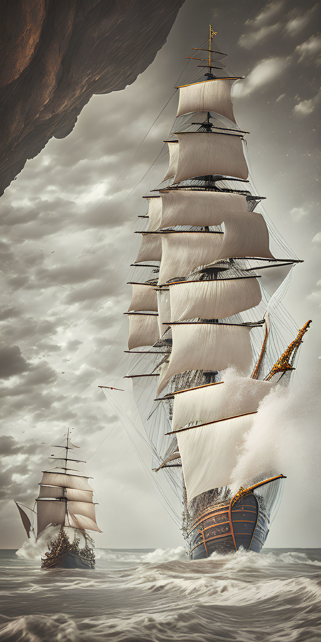 Tall ship with white sails navigating choppy seas and another ship in background under brooding sky