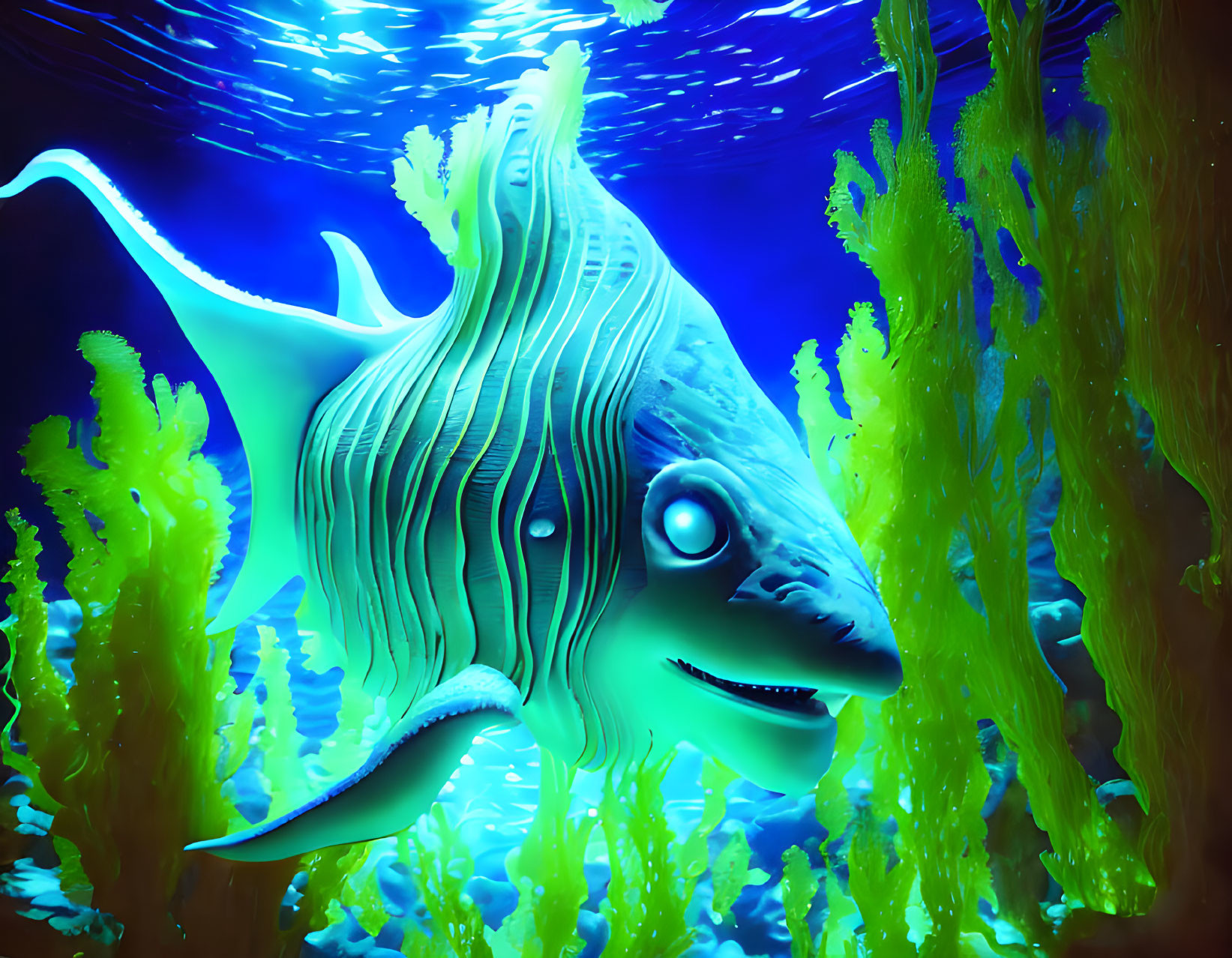 Whimsical fish swimming in vibrant underwater scene