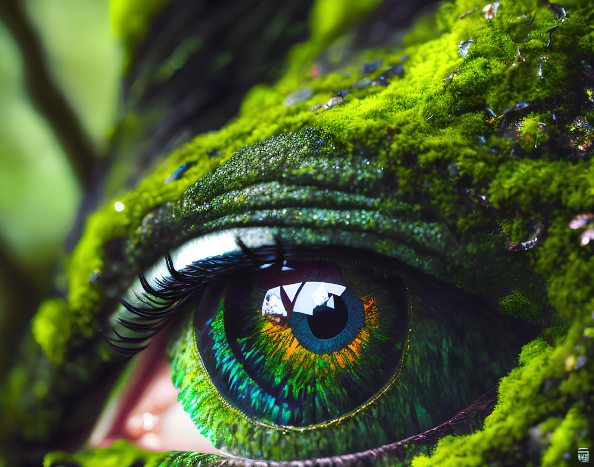 Detailed close-up of vibrant green eye with moss-like textures and lush lashes