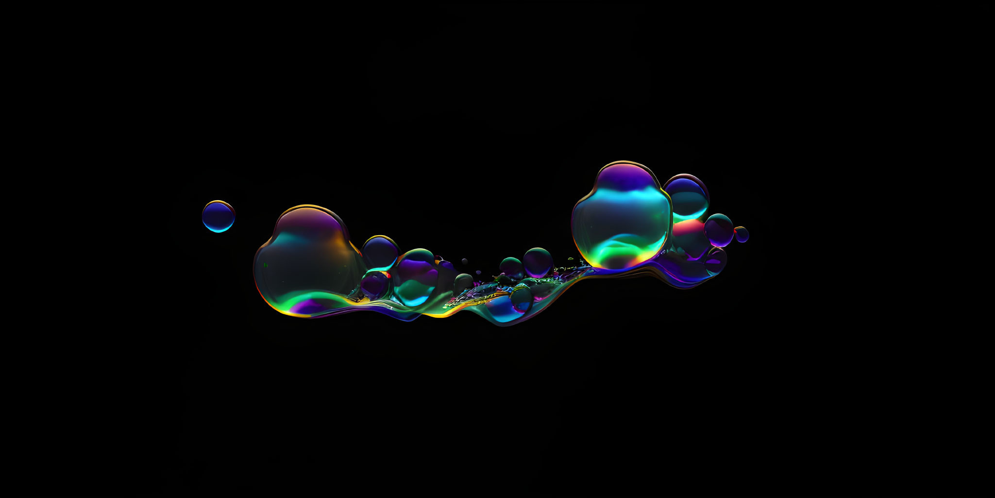 Iridescent soap bubbles on black background: serpent-like formation