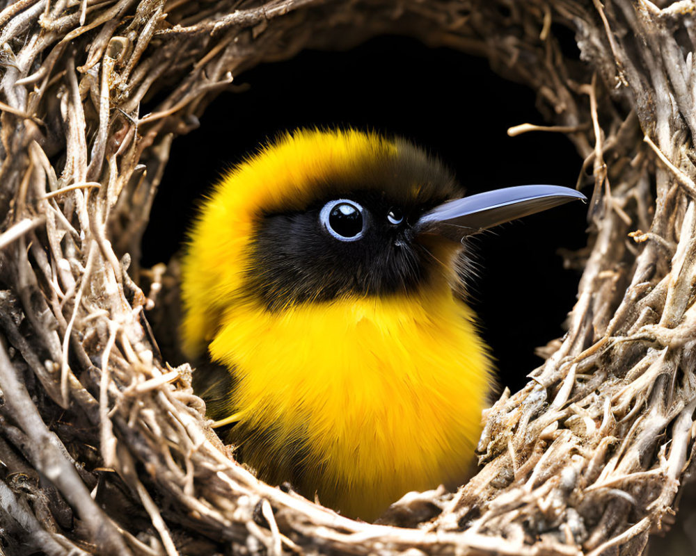 Colorful Bird Peeking from Twig Nest Opening