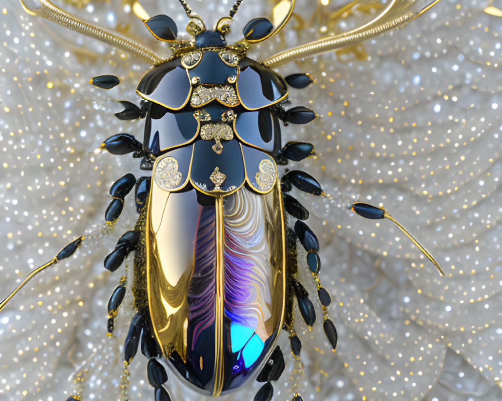 Luxurious gold and iridescent beetle on ornate golden background