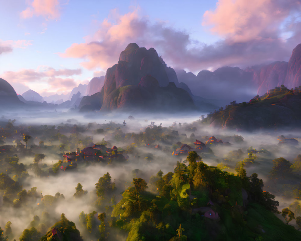 Serene sunrise landscape with mist, greenery, mountains, and village