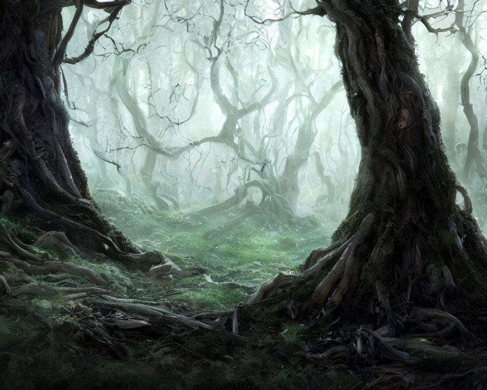 Misty forest with gnarled trees and twisted roots