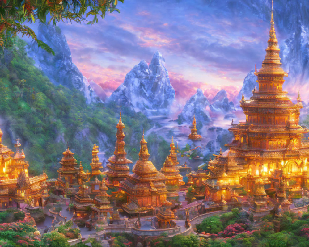 Fantastical landscape with golden pagodas in twilight sky