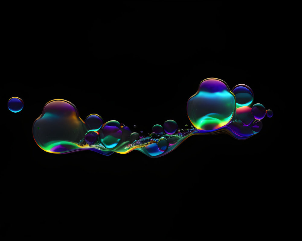 Iridescent soap bubbles on black background: serpent-like formation