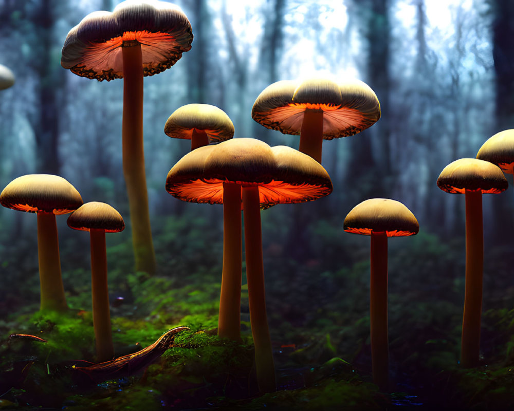 Luminous mushrooms with orange undersides in mystical forest