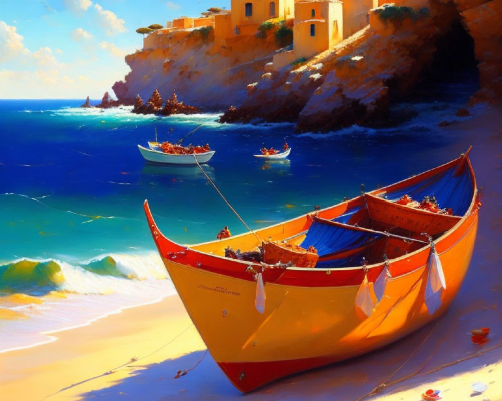 Sunny beach painting: yellow boat, clear water, cliffs, buildings