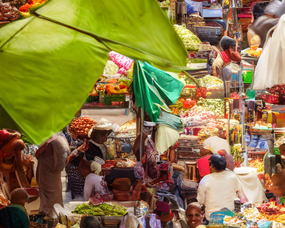 Vibrant street market with colorful fruits under green umbrellas