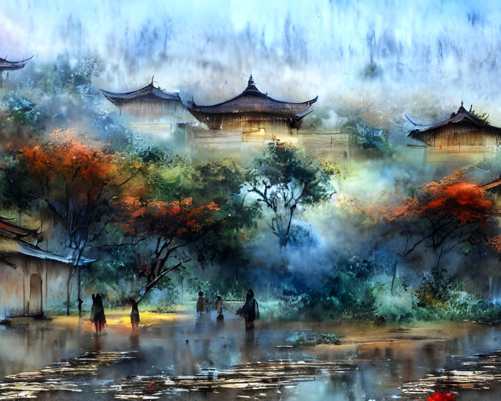 Ancient Asian village with misty ambiance and autumn scenery