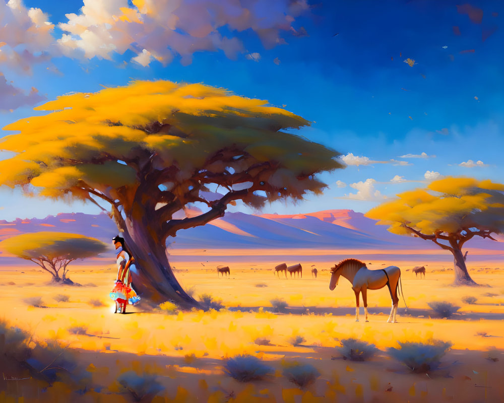 Woman and horse painting in sunlit savanna with grazing animals