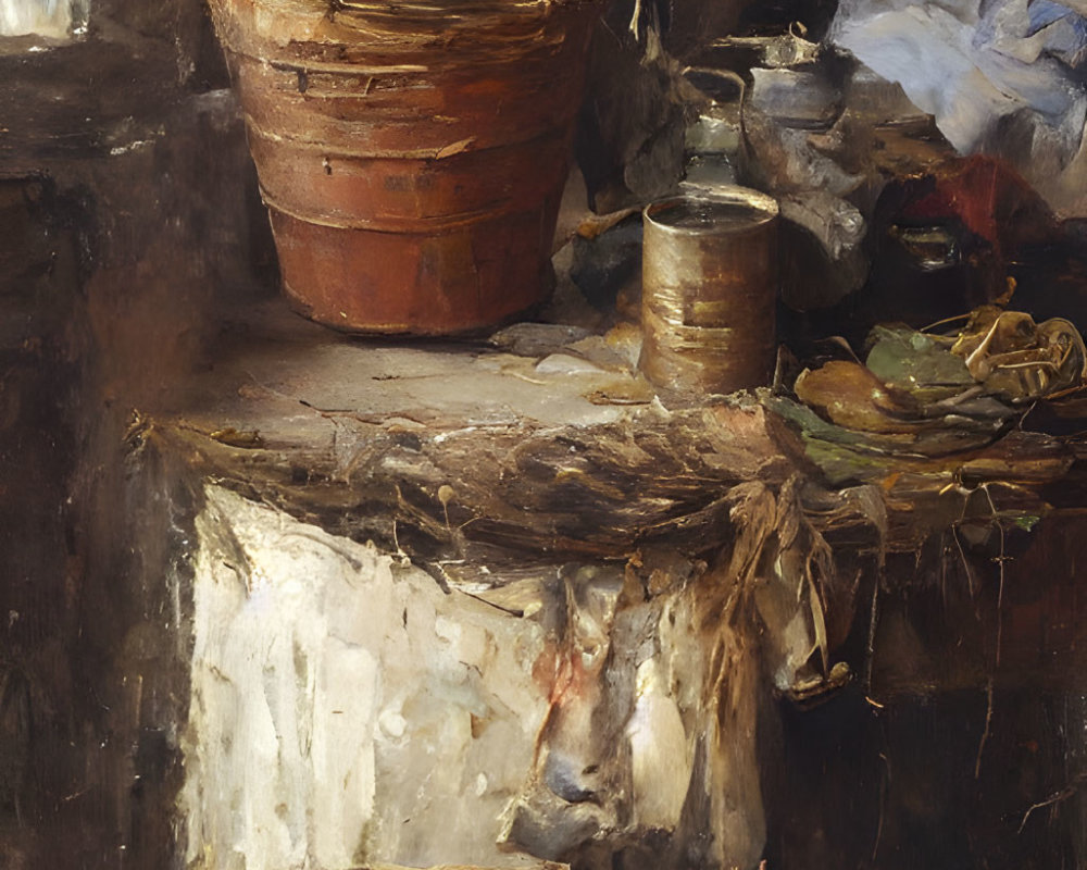 Rustic Still Life Oil Painting with Baskets and Pottery Jar