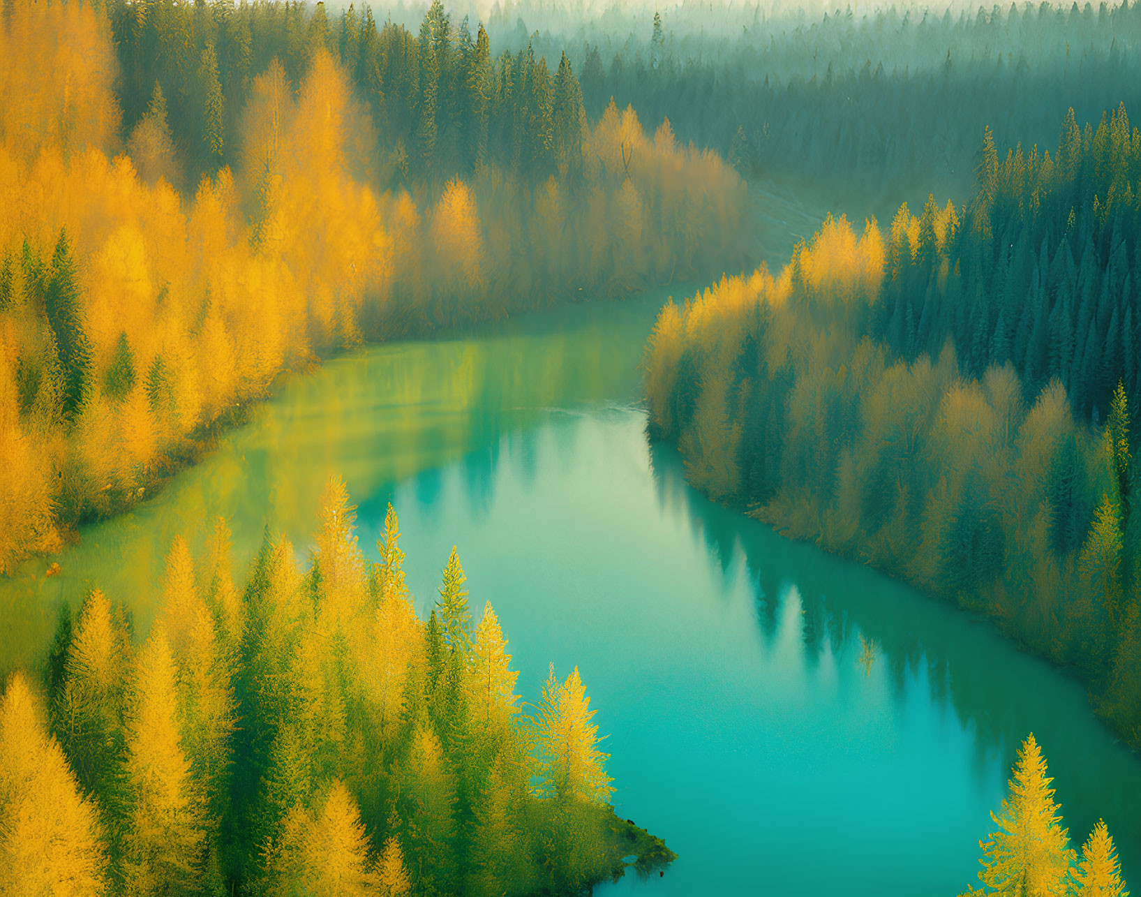 Autumn forest with winding river and colorful foliage